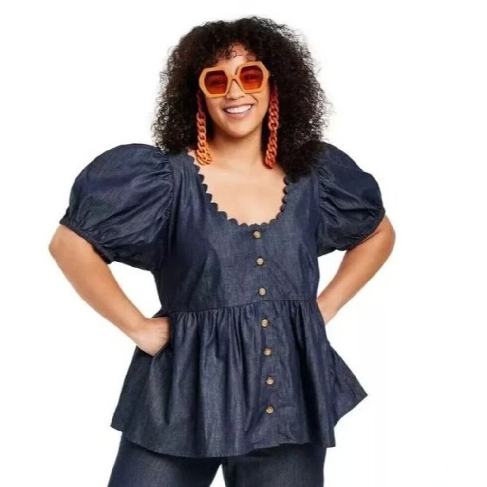 Kika Vargas X Target Womens Plus 3X Chambray Top Scallop Neck Puff Sleeves Shirt